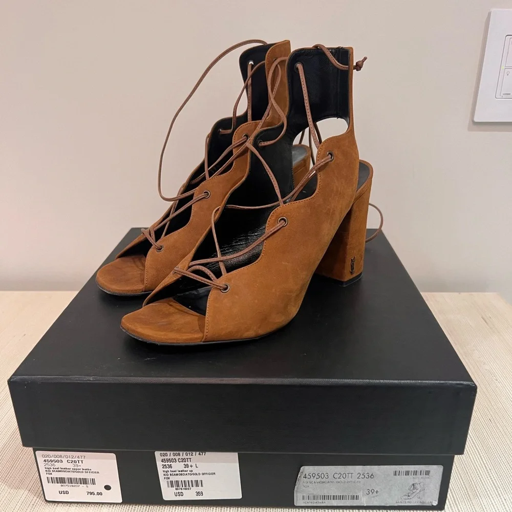 Saint Laurent Babies Suede Lace-Up Sandal, Tan. Size 39.5, gently used. - Picture 7 of 8